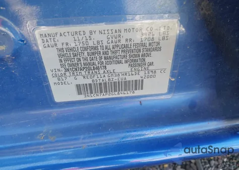 2016 Nissan Versa 1.6 Sv z USA, uszkodzony, nr VIN 3N1CN7AP2GL846178